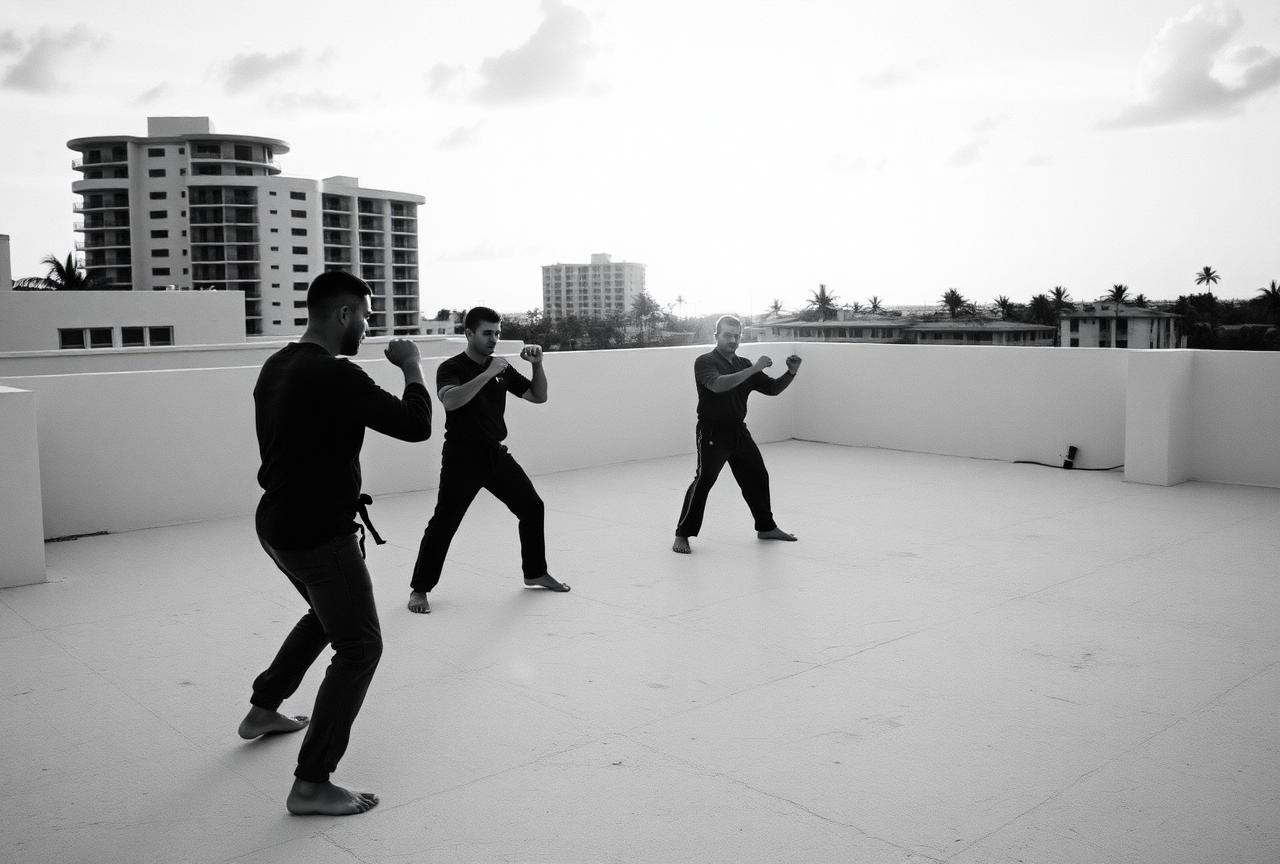 Black-and-white photo of three men training martial arts on a Miami Beach rooftop at sunrise